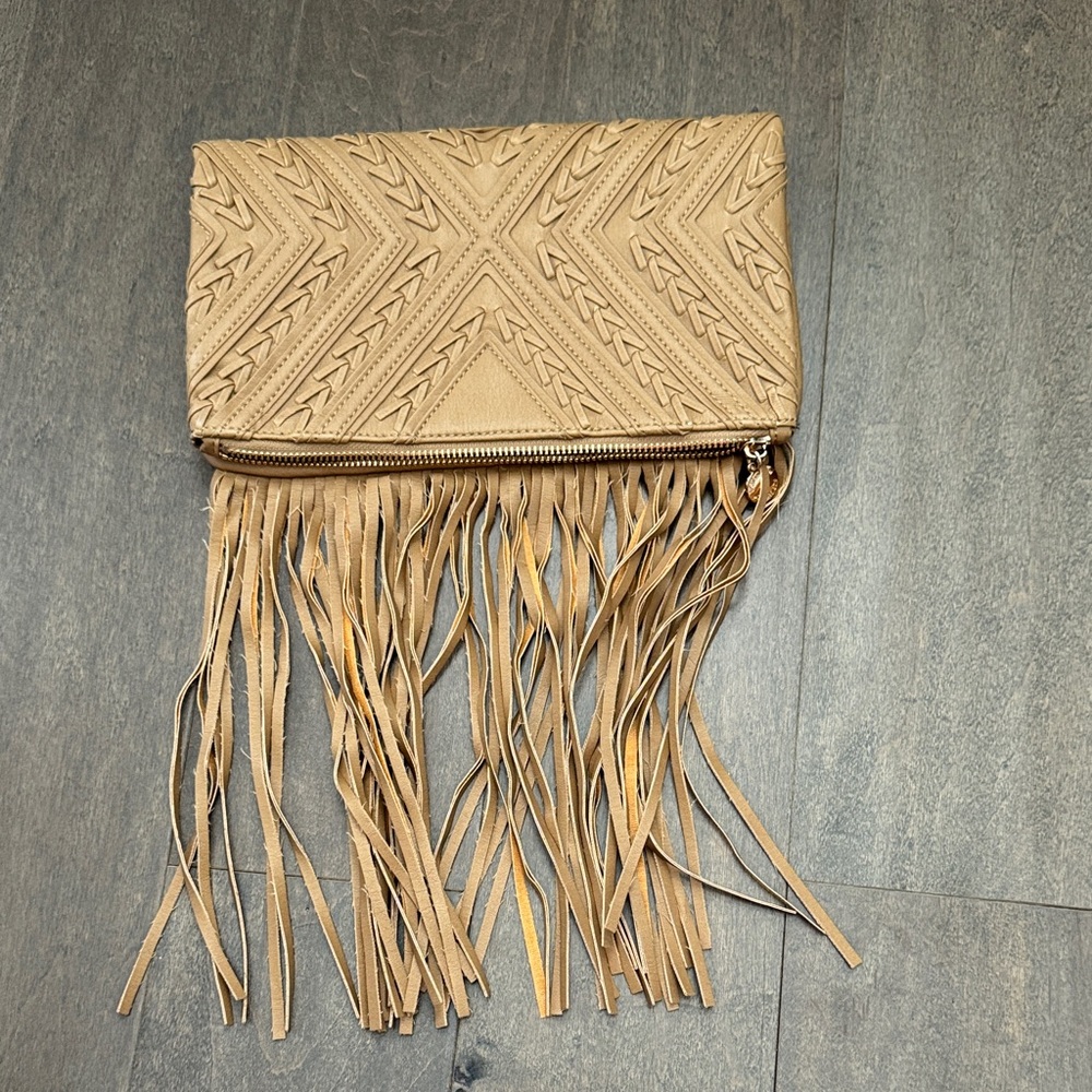 BCBGeneration Beige Fringe Foldover Clutch Wristlet | Boho Festival Bag